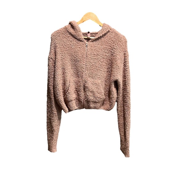 SKIMS Tops - Skims Brown Long Sleeve Full Zip Women's Hoodie Sherpa Crop Sweater Size L/XL